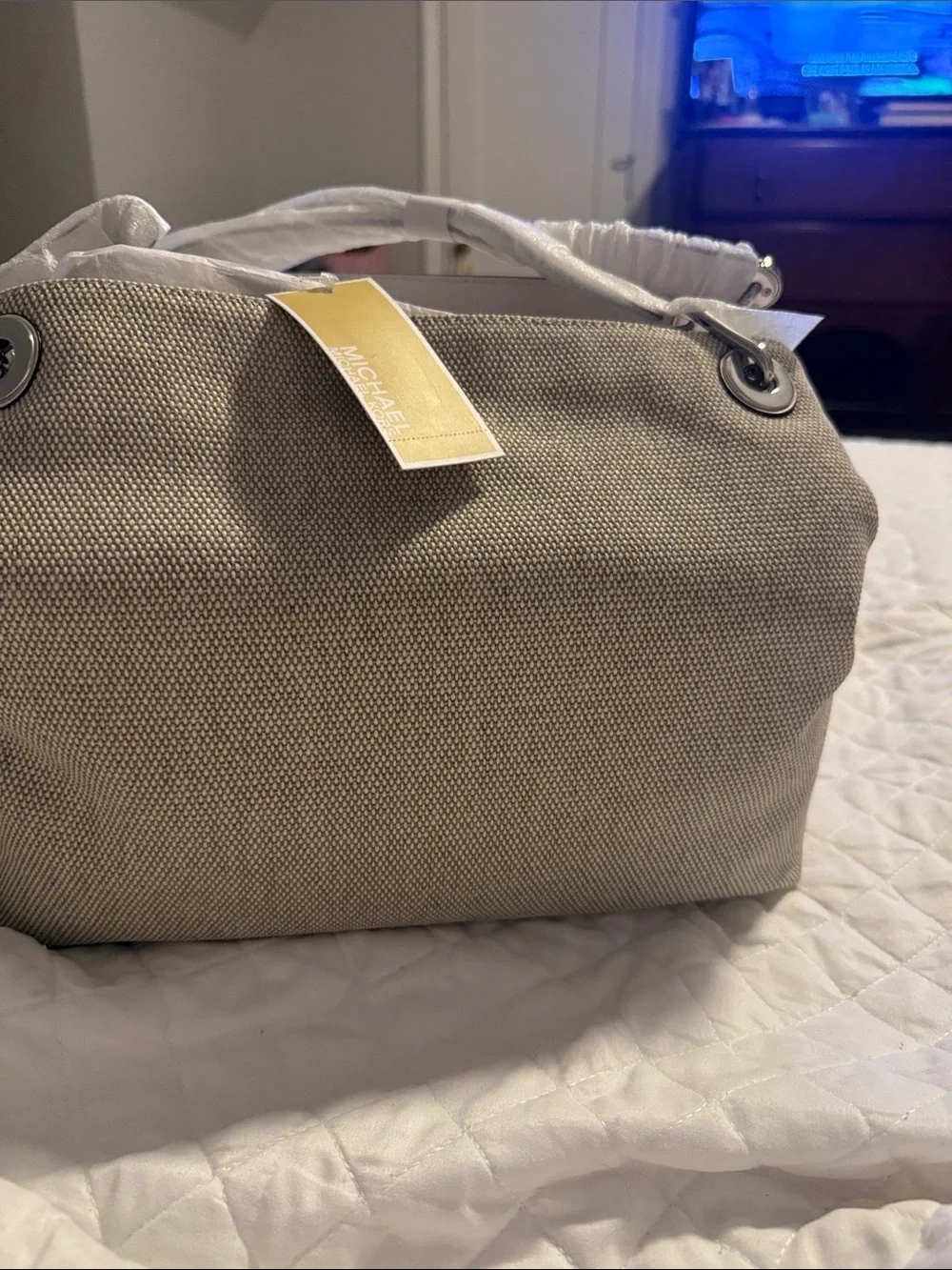 Michael Kors Beige Canvas Shoulder Tote with Silver Grommets
